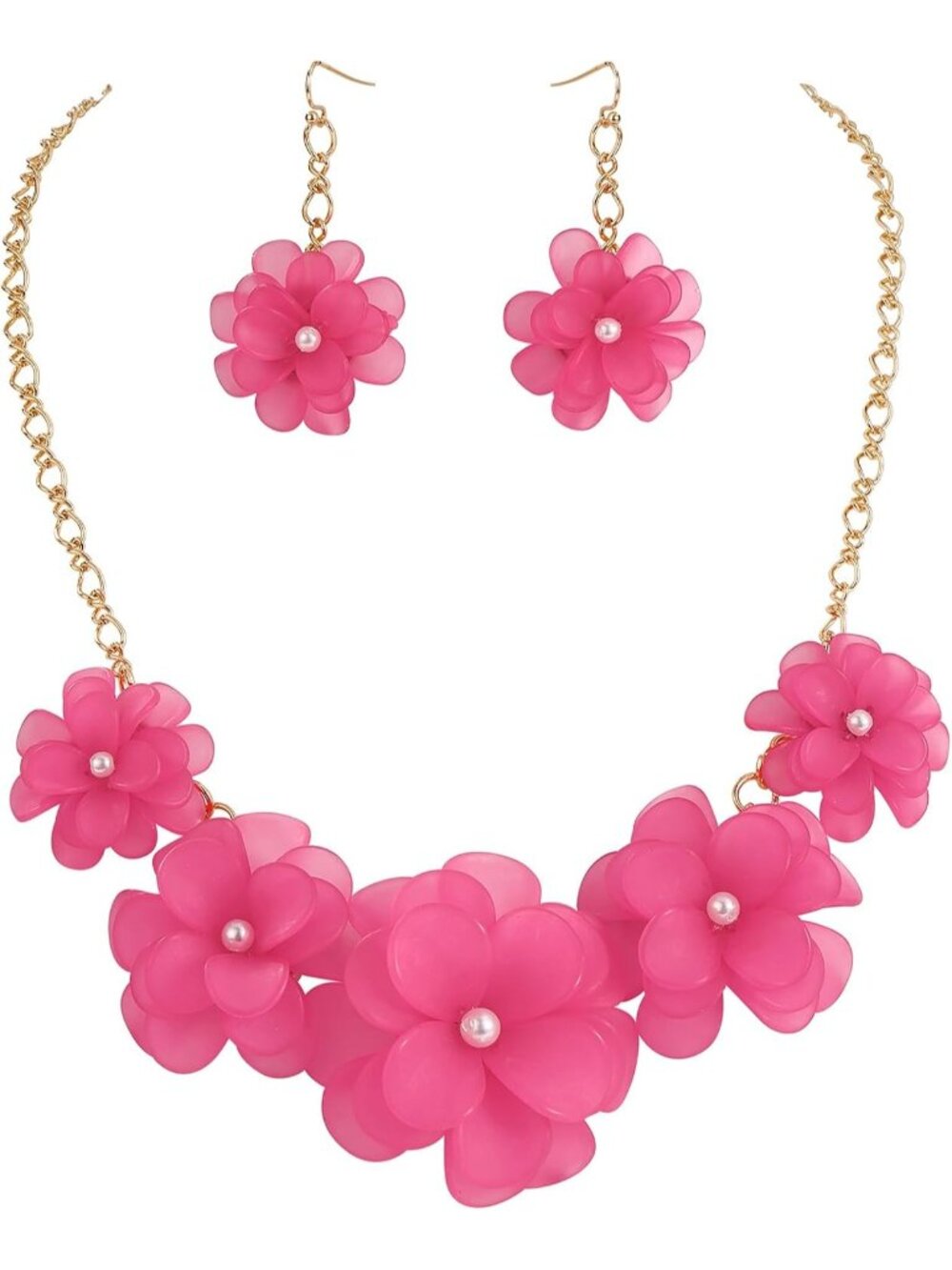 Women's Pink Acrylic Flower Choker Necklace Earrings Set Boho Summer Jewelry